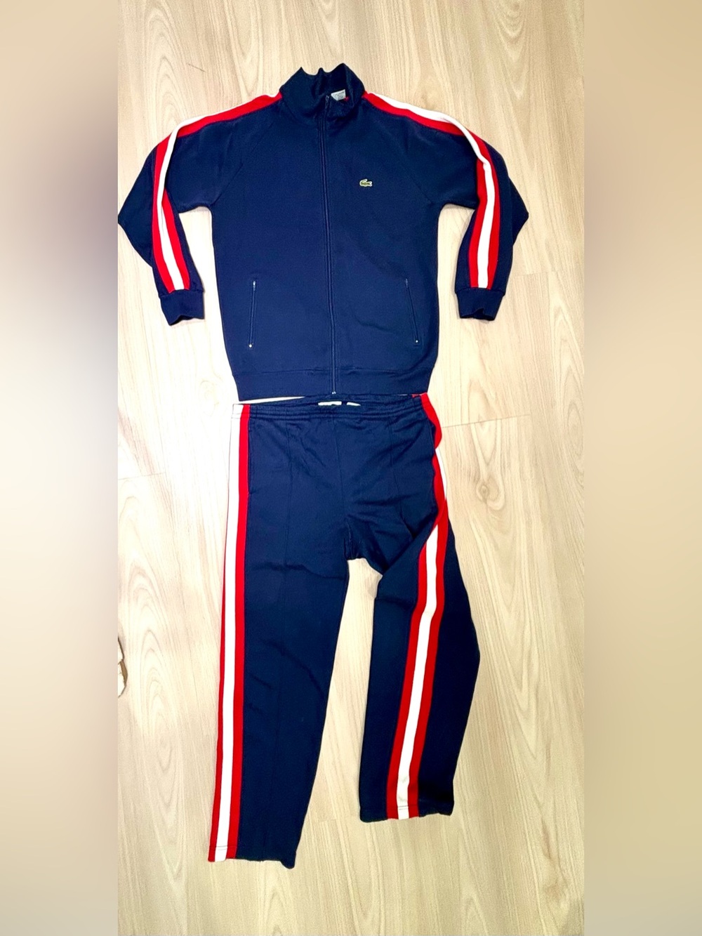 Vintage Izod Lacoste Mens Track Suit L Navy Blue Racing Stripe Full Zip 70/80